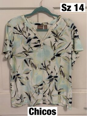 Chico's V-neck with Sequins Top with Light Blue & Pale Green Floral Pattern